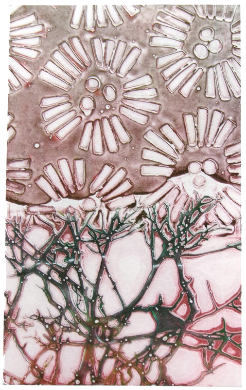 An abstract image with shapes like twigs or branches at the bottom, and shapes like flowers with ray-like petals at the top. The image is vertical and printed in hues of pink and rust.