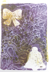 An abstract image with a marbled purple background. A bow shape and a bell shape are defined by negative space against the purple. There are splotches of greenish brown throughout.