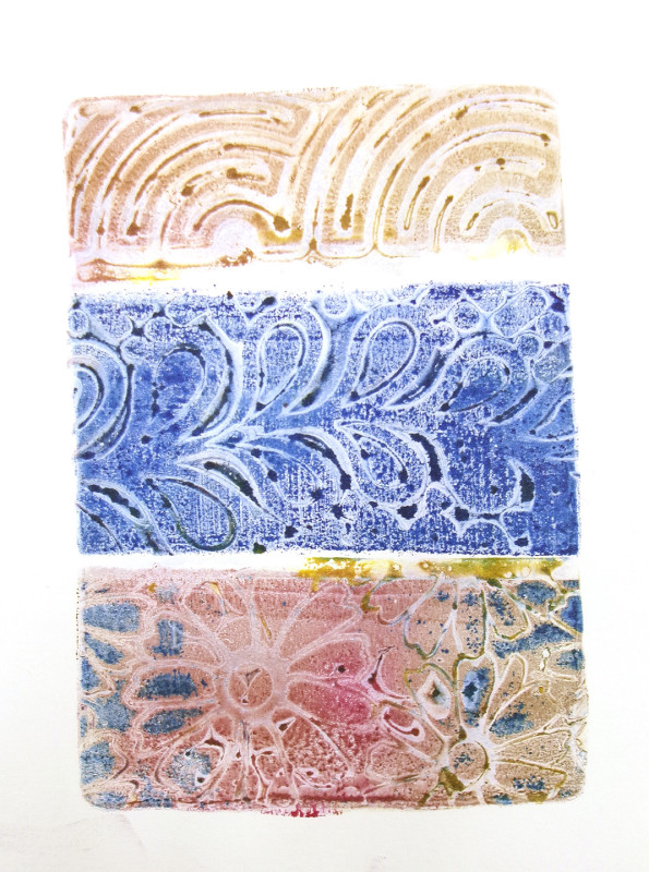 An abstract vertical image, broken into three distinct areas vertically. Each area is rectangular and features a different color and pattern. The top is  brownish yellow, and has a pattern like a maze. The middle is indigo and has a fern-like, marbled pattern. The bottom is mottled with reds, browns, blues, and yellows, and has a pattern like daisies.