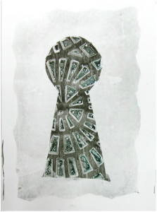 An abstract image that looks like keyhole shape represented by olive and jade green pattering in a field of light grey.