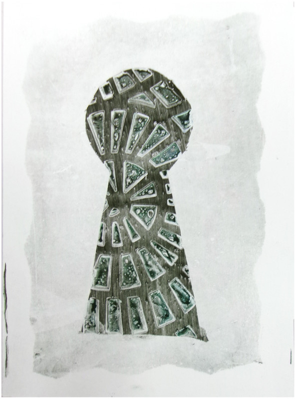 An abstract image that looks like keyhole shape represented by olive and jade green pattering in a field of light grey.