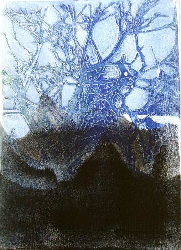 An abstract image with craggy black mountain shapes at the bottom and royal blue linear shapes like veins or tree limbs at the top.