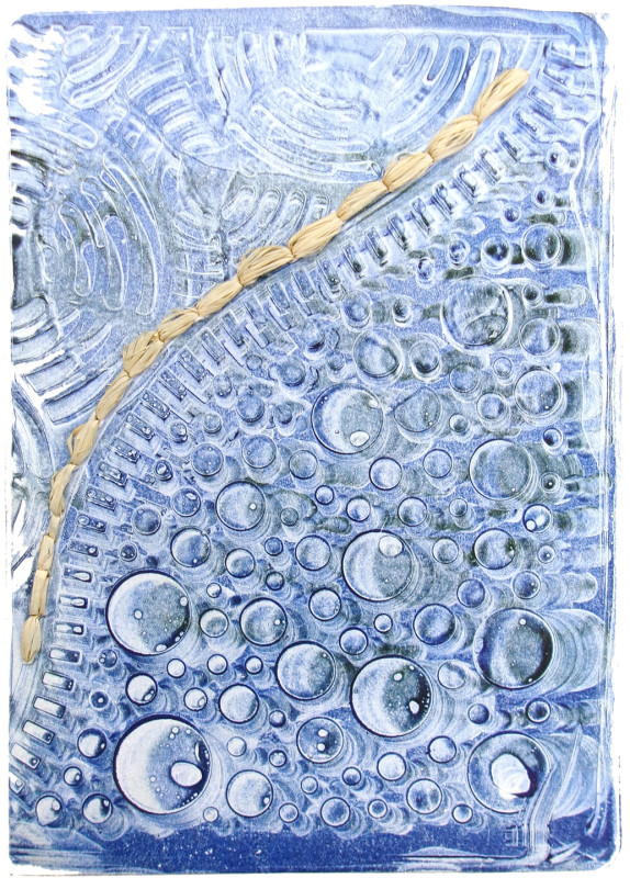 An abstract image in blue tones with blobby bubble shapes in the lower right, half-circles in the top left, and some raffia sewn into the paper diagonally from the lower left to upper right.