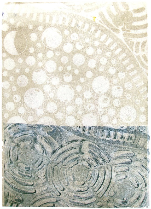 An abstract vertical image in neutral tones of beige on top and bluish grey at the bottom. The bottom has a pattern like crop circles, the top has a pattern like bubbles.