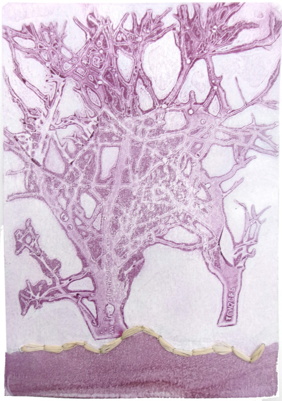 An abstract image of a shape like a tree bare of leaves, with hilly ground at the bottom. The ground and tree shapes are violet purple. There is a bit of rafia sewn onto the image, outlining the hill shapes.