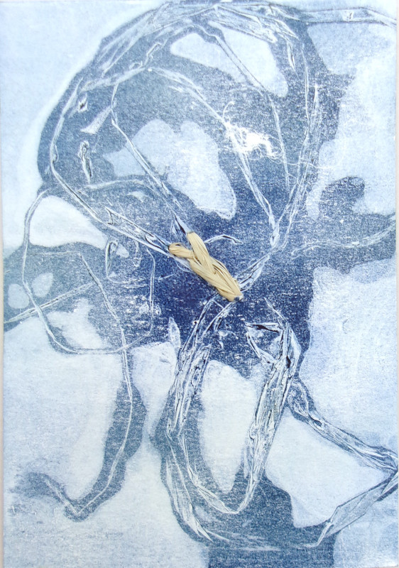 An abstract image with a navy blue shape against a light blue background. The shape is reminiscent of a sea creature or a caterpillar-munched leaf. There is a piece of rafia sewn onto the image.