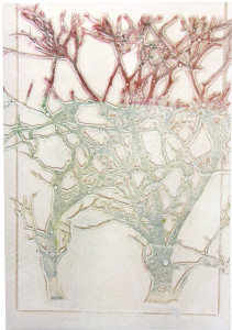 An abstract image with tree-like shapes on a vertical sheet. The trees are greenish-white at the bottom, but the tops are dark red. The background is ivory.