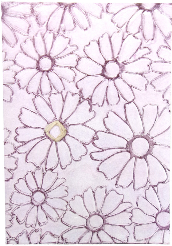 An image in lavender monochrome with the outlines of flower shapes in darker lavender. The center of one flower shape is outlined with a rafia appliqué.