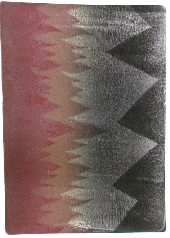 An abstract image depicting red, orange, and grey shapes against a black background. The red and orange layers a reminiscent of fire, the grey like mountains.