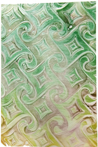 An abstract image showing a pattern of large diamond shapes with filigreed points enclosing smaller diamonds and connected by the filigrees. The shapes are printed in a forest green to dirty-yellow gradient. The pattern is offset by a grey background.