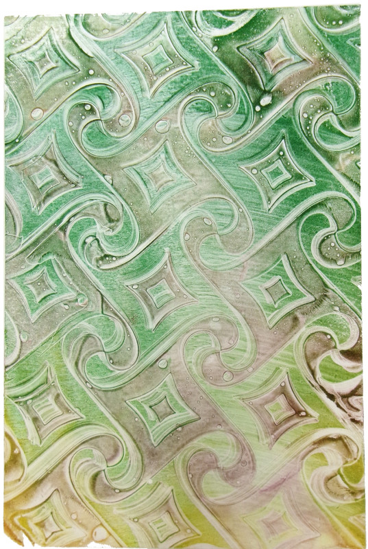 An abstract image showing a pattern of large diamond shapes with filigreed points enclosing smaller diamonds and connected by the filigrees. The shapes are printed in a forest green to dirty-yellow gradient. The pattern is offset by a grey background.