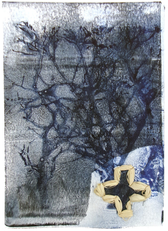 An abstract image with navy blue and black linear shapes like veins or tree limbs across most of the page. There is a lighter area at the bottom right, and a cross shape inked in black and outlined with a rafia appliqué in the lower righthand corner.