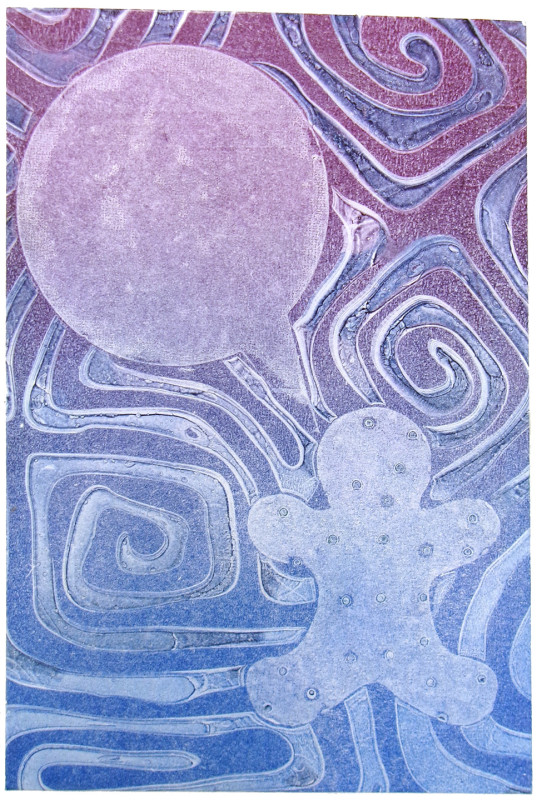 A blue and purple color field with angular spiral shapes in lighter tones form the background of this image. A gingerbread man shape is in the lower right corner, in light blue. A purple-ish shape that looks like a speech bubble is printed above and to the left of the gingerbread man, as if he is speaking.