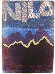 Some mountain-like shapes form the bottom of this image, in eggplant hues. A piece of rafia is sewn into the image, in a pattern that echoes the shape of the 