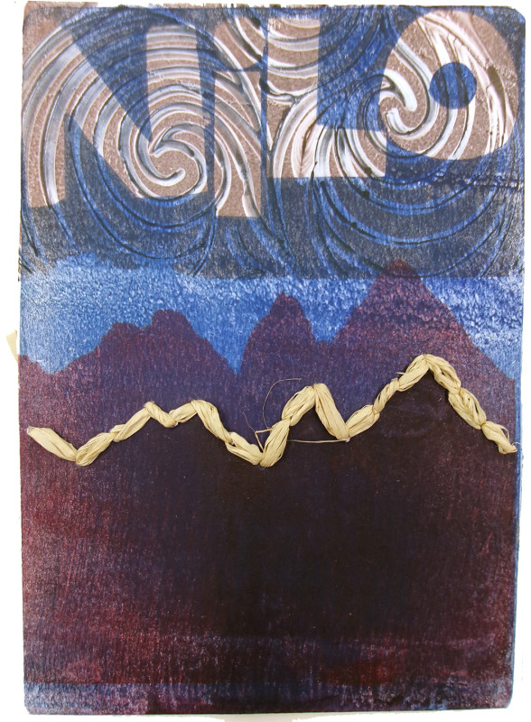 Some mountain-like shapes form the bottom of this image, in eggplant hues. A piece of rafia is sewn into the image, in a pattern that echoes the shape of the 