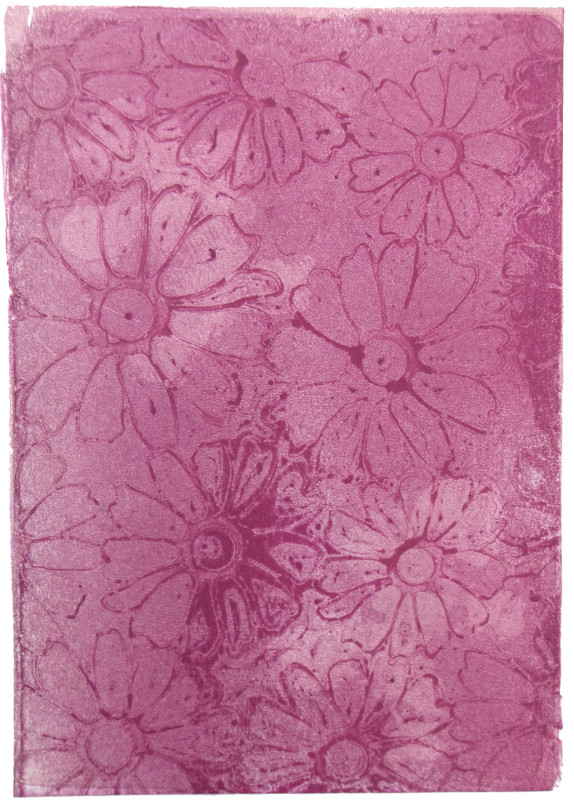 A mauve pink, almost monochrome image with the outlines of flower shapes impressed into the background in a slightly darker mauve.
