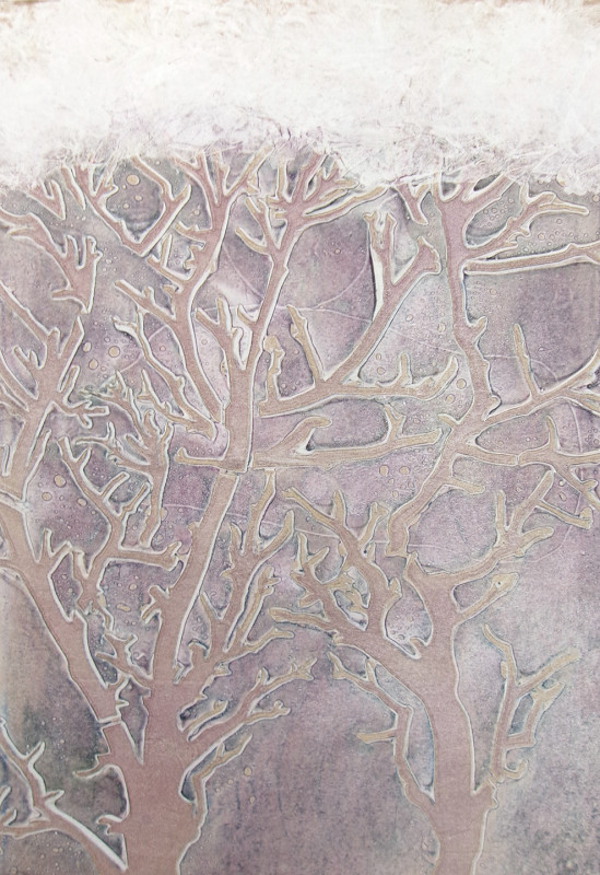 An abstract image in light grey and dusty rose tones showing linear shapes like veins or tree limbs.
