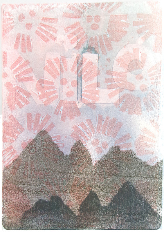A print showing mountain-like shapes at the bottom in dark hues, with a light blue field at the top and the faint text 