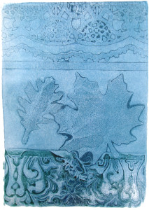 A vertical print in blue tones featuring a blobby abstract pattern on top, an oak and maple leaf in the center, and a baroque pattern at the bottom.