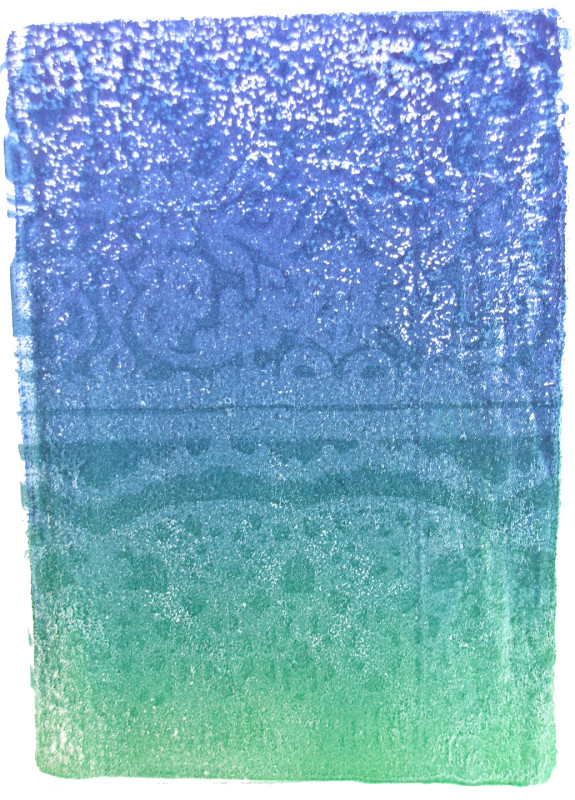 A vertical print with a gradient of blue at top and sea green at the bottom. A faint pattern like lace is defined by a lighter tone than the gradient.