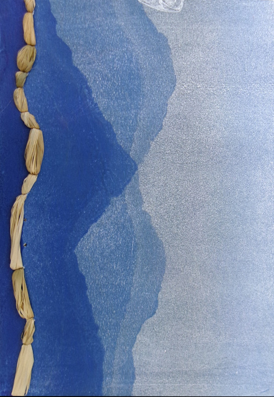 An abstract image in gauzy blue tones, of shapes like mountains and hills. There is a piece of rafia sewn into the image that echoes the lines of those shapes.