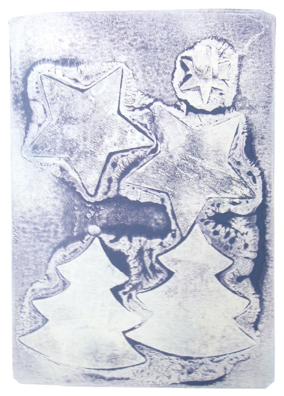 An abstract image of two large star shapes, two Christmas tree shapes, and one small star shape, printed in navy blue.