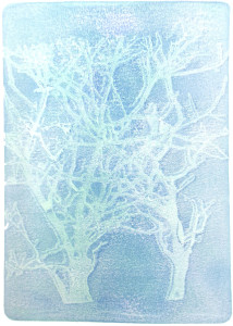 An abstract, vertical image showing two shapes like trees with no leaves. The print is in teal and blue tones.