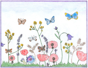 A drawing of various unidentifiable wildflowers and butterflies at an unusually large scale, or possibly from worm's-eye view, against low clouds.
