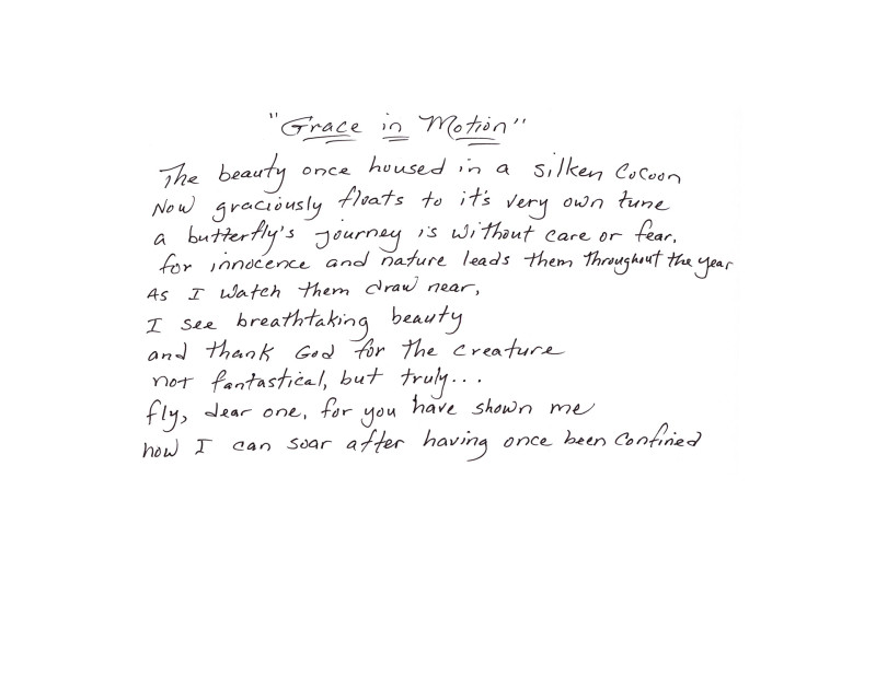 Poem reading: The beauty once housed in a silken cocoon / Now graciously floats to its very own tune / a butterfly's journey is without care or fear / for innocence and nature leads them through the year / As I watch them draw near / I see breathtaking beauty / and thank God for the creature / not fantastical, but truly... / fly, dear one, for you have shown me / how I can soar after having once been confined