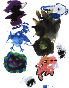 Seven abstract blobs in muted tones of purple, brown, and rust. Some evoke animal bodies and faces or bacteria, some are just splotches of color. Most of the white sheet is blank.