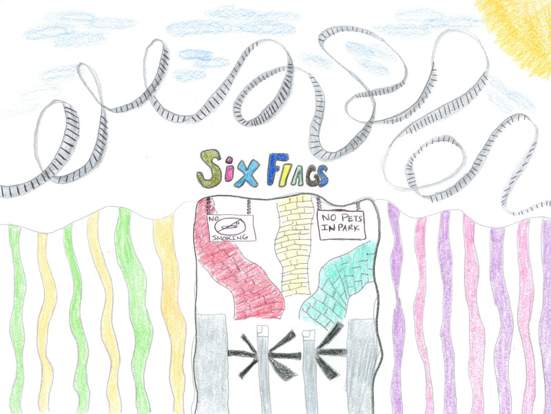 A whimsical colored pencil drawing depicting the entrance to Six Flags. Colorful streams are on either side of a central turnstile, and signs reading 