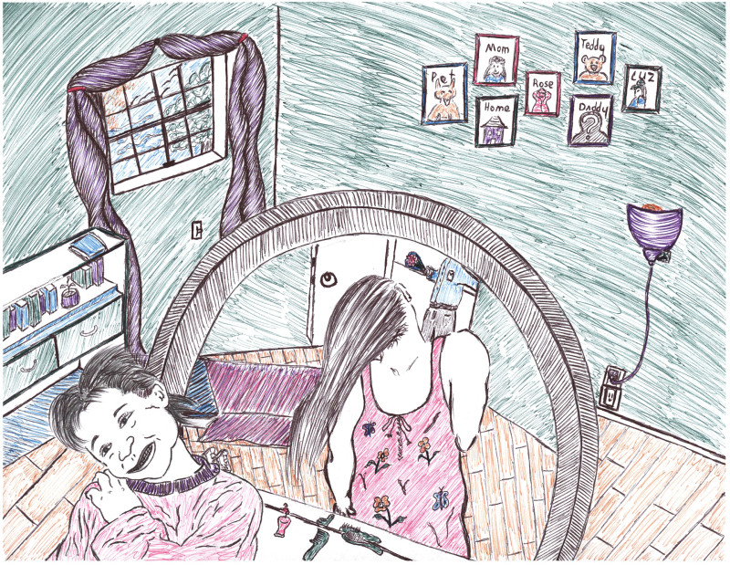 A drawing of a girl in the foreground, facing out from the page and smiling, in a small room. A mirror is behind her, the mirror shows the body of a man at an open doorway, but not his face. Behind the mirror are family photographs hung on the wall, one of which is marked 