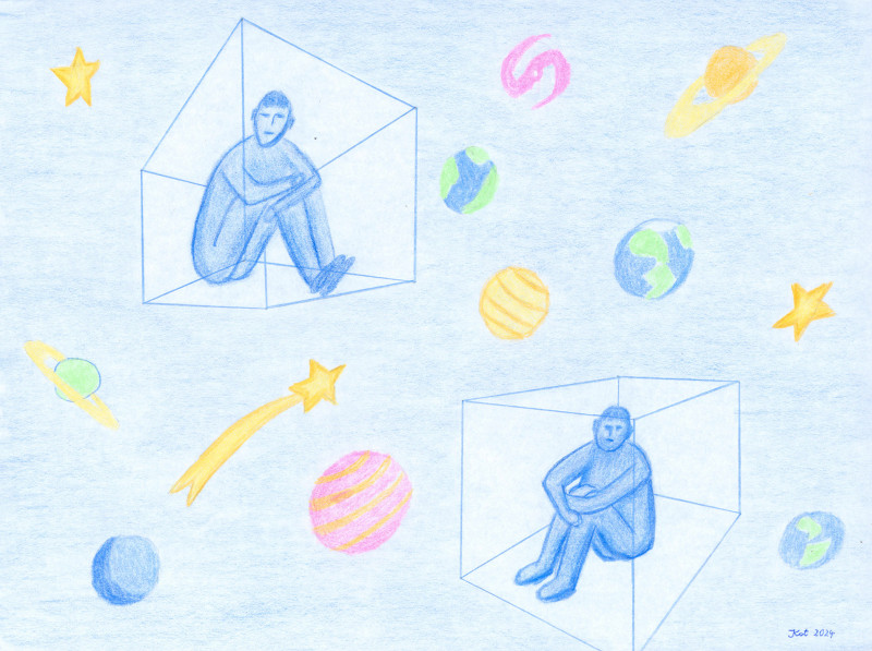 An abstract image of two men sitting down inside cubes floating in space. All of this is depicted in shades of blue. Cartoonish planets, stars, and other elements of space like galaxies, in tones of yellow and green, also float in the picture plane.