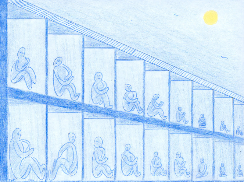 Two rows of rectangular cells without bars are stack on top of one another, seen from the front and below. They slant toward the bottom right of the page. There is a seated figure in each cell. The entire image is in tones of blue, with the exception of a bright yellow sun in the top right corner. Two birds are depicted flying in the distance.