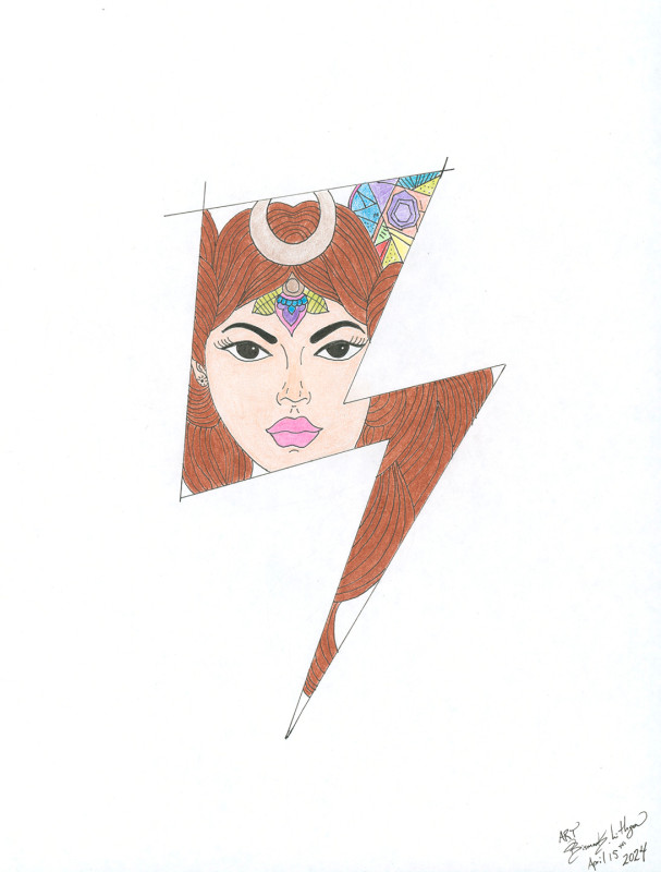 A cartoon-style drawing of a white woman's face and hair. She gazes out toward the viewer. She has full lips and a determined look. She wears a tiara and a jewel at her forehead, there is stained glass in the background. Her brown hair is full, falling in waves around her face. Only part of this image can be seen, as if looking at it through a window shaped like a lightning bolt.