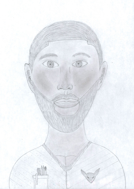 A portrait of a young man of color, shown as a bust. He has large muscles. He's wearing a striped shirt with a Yoda emblem on the left breast, and a pocket protector with drawing supplies on the right. He has a tight beard and lined up crew cut.