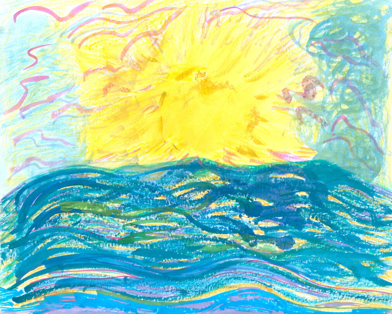 An abstract watercolor painting of what might be a sunset over a body of water. The central globe shape is canary yellow, with squiggly horizontal lines in dark blue at the bottom of the page, and lighter blue at the top. Pink lines also traverse the 