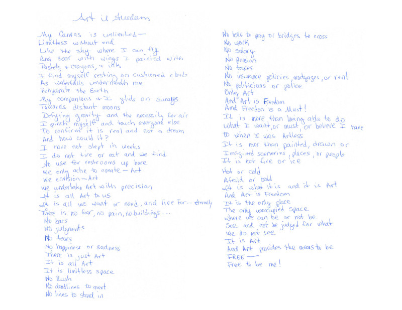 A handwritten poem in blue pen, that reads: 