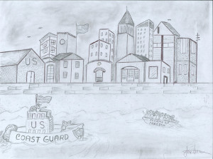 A pencil drawing of a coast guard boat about to board a dinghy. The dinghy is overcrowded, and is entitled Dreams of Freedom. The two boats are in a body of water in a city. There are tall buildings and an American flag flying immediately ashore.