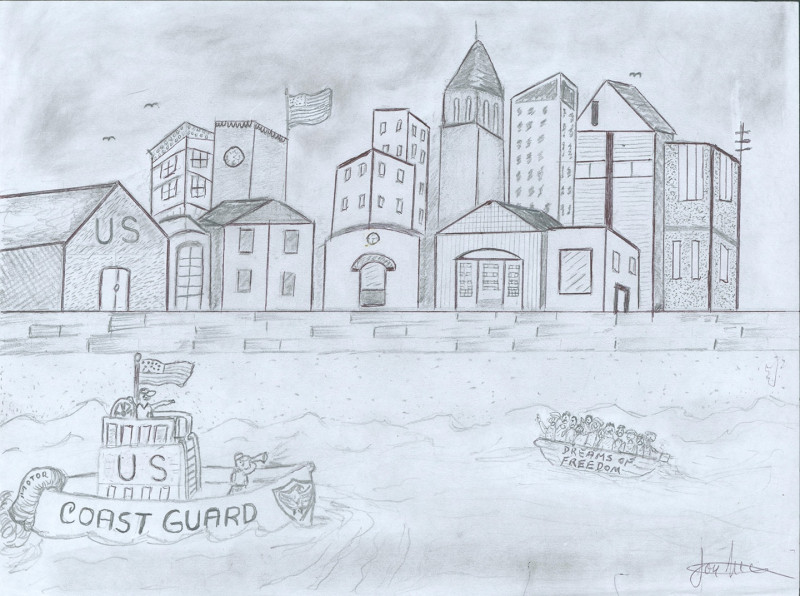 A pencil drawing of a coast guard boat about to board a dinghy. The dinghy is overcrowded, and is entitled Dreams of Freedom. The two boats are in a body of water in a city. There are tall buildings and an American flag flying immediately ashore.
