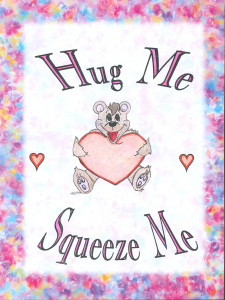 A collage that looks like a greeting card. A teddy bear is in the center, clutching an oversized cartoon heart. Two small hearts are to its sides. A multicolored floral border encloses the image. It says 