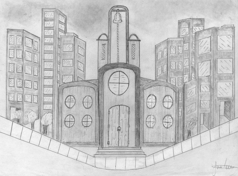 A pencil drawing of a city street, in forced perspective. The viewer looks at a corner, with a street heading to the left and right. A church-like building is in the immediate foreground, with other, office-type buildings filling the rest of the blocks.