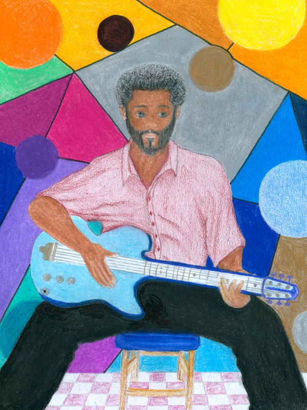 A colored pencil drawing of a young black man playing an electric guitar. He wears black pants and a red button-down shirt. He sits on a low cushioned stool, on a red and white checked floor. Behind him are fantastical geometric areas of pure color.