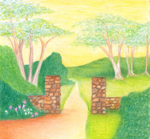 A colored pencil drawing of a peaceful country scene. There is a road beginning in the foreground and continuing into the middle ground with an unseen terminus. Fanciful trees are in the middle distance in front of a series of hills. A low brick wall has small colonnades on either side of the road. Some tulip-like flowers are in front of the wall.