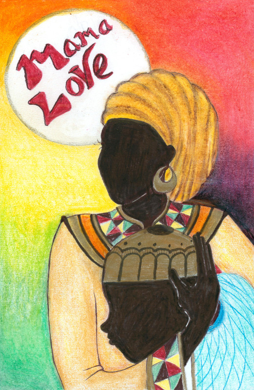 A colorful drawing of two figures and the text 