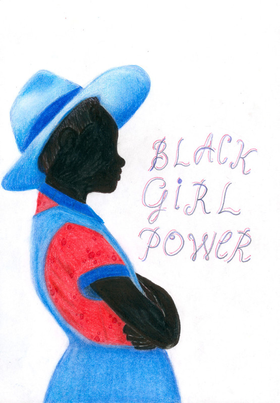 A drawing in bold colors of a girl wearing a bright blue smock over a firetruck red t-shirt, with a wide-brimmed hat of the same blue. Her skin is inky black and her hair is nearly completely black also. The text 