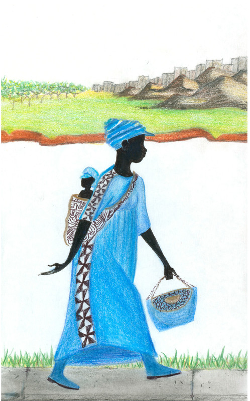 A woman in a turquoise dashiki carries her infant on her back and a matching purse in her left hand. She strolls in the foreground, in profile, along a sidewalk rimmed with grass, on the bank of a river. A stylized landscape including an orchard, some grass, and some low hills, and a fence is on the opposite bank.