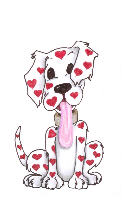 A cartoon of a puppy with a comically long tongue, white fur, and fanciful Valentines-Day-style hearts covering its body.