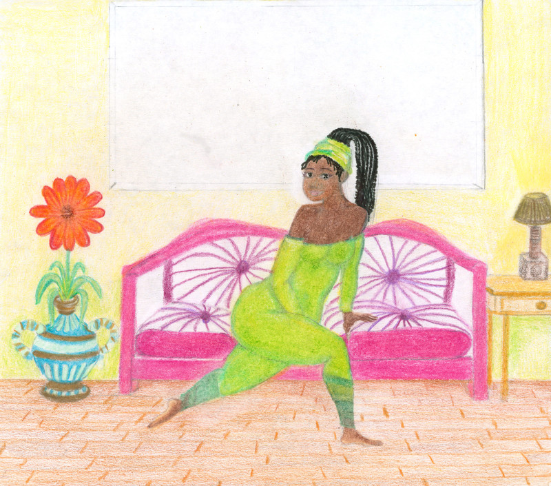 A colored pencil drawing in soft tones, of a young black woman wearing a lime green bodysuit and a matching headband, sitting on a pink couch with fancy cushions. An ornate vase with a large red flower is to her right, and a low table with a small lamp is on her left. A rectangle of negative space frames her head.