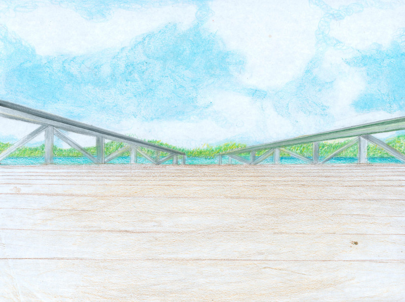 A colored pencil drawing of bridge or dock. The vantage is from the middle of the decking, there are low rails on either side with dramatic forced perspective leading to its edge. There is a summertime sky overhead, a body of water in the middle distance, and a forested shore opposite.